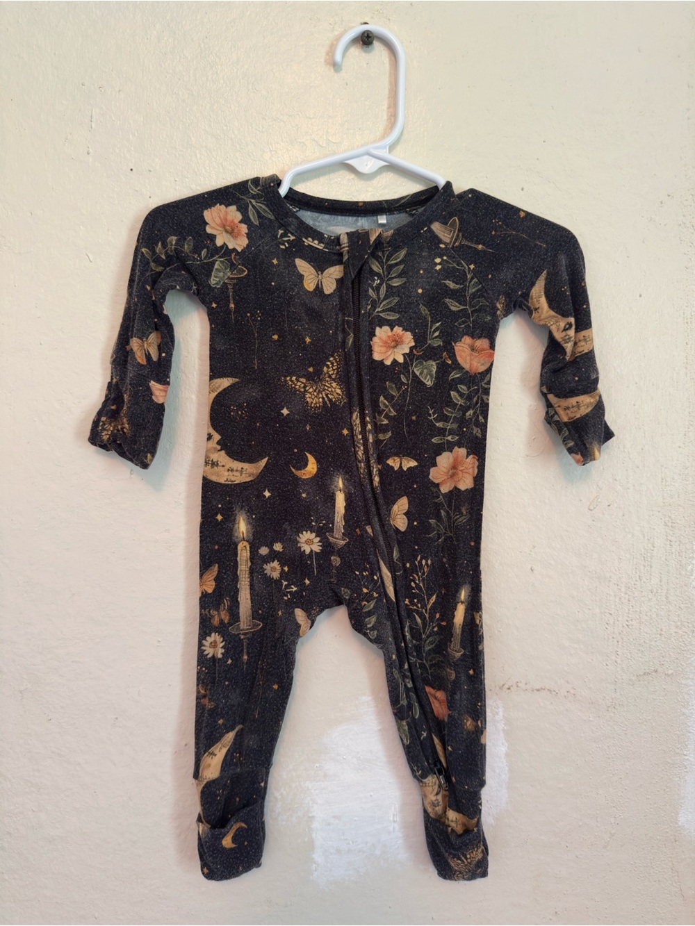 Bunny Knot Footed One-Piece Pajamas with Floral, Moon & Candle Print
